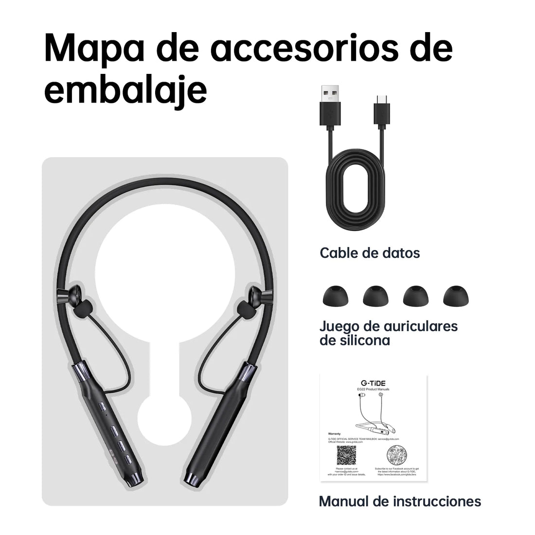 Audífonos de Cuello G-Tide EG22: Reproductor MP3 Independiente (Micro SD), Pantalla Digital LCD y Cancelación de Ruido ENC